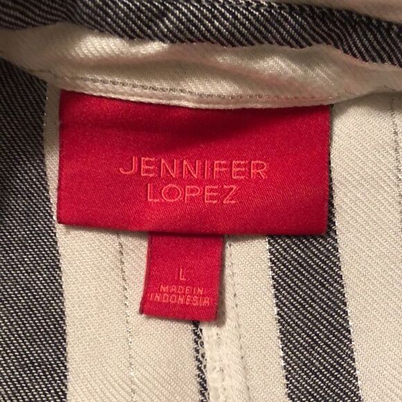 JL L White Navy Silver Metallic Striped Dolman Sleeve Tie Front Button Down Top - Picture 11 of 14